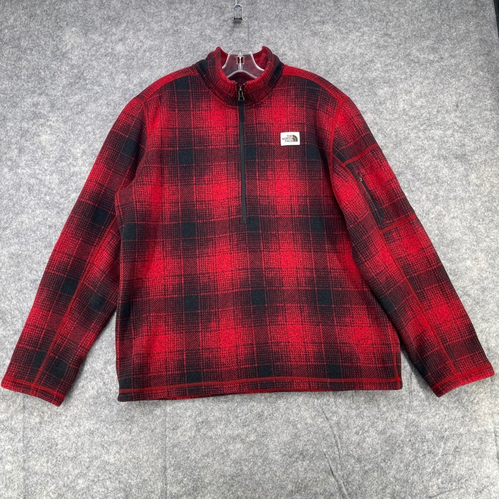 The North Face Pullover Mens XL Red  Buffalo Plaid 1/4 Zip Fleece Sweater Work